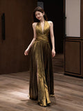 Modest A line Halter Slit Long Prom Gown Summer Wedding Guest Dress Bridal Guest Dresses Wedding Outfits For Guest HZ1214