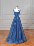 Niulatu Blue Spaghetti Straps Tulle Sequins A Line Prom Dress Evening Dress HZ1007