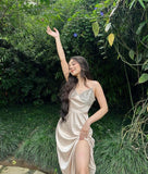 Elegant A line Spaghetti Straps Champagne Long Prom Dresses Party Dress Summer 20th Birthday Outfits Birthday Dresses HZ1214