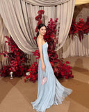 Elegant A line Strapless Light Sky Blue Chiffon Long Prom Dresses Party Dress Summer 20th Birthday Outfits Birthday Dresses HZ1214