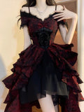 Vintage High Low Off The Shoulder Short Sleeves Gothic Black Red 16th Burgundy Birthday Dress Lolita Dress Birthday Outfits HZ1214