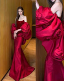 Elegant Mermaid Strapless Burgundy Velvet Long Prom Dresses Party Dress Summer 20th Birthday Outfits Birthday Dresses HZ1214