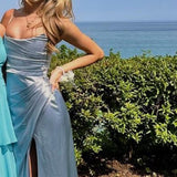 Elegant Mermaid Strapless Light Sky Blue Satin Long Prom Dresses Party Dress Summer 20th Birthday Outfits Birthday Dresses HZ1214
