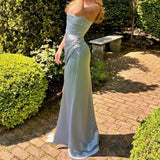 Elegant Mermaid Strapless Light Sky Blue Satin Long Prom Dresses Party Dress Summer 20th Birthday Outfits Birthday Dresses HZ1214
