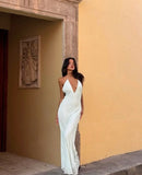 Elegant Sheath Halter White Long Prom Dresses Party Dress Summer 20th Birthday Outfits 18th Birthday Dresses HZ1214