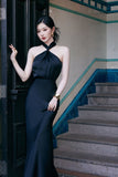 Elegant Sheath Halter Black Satin Long Prom Dresses Party Dress Summer 20th Birthday Outfits 18th Birthday Dresses HZ1214