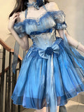 Vintage High Low Off The Shoulder Short Sleeves 16th Blue Birthday Dress Lolita Summer Dress Birthday Outfits HZ1214