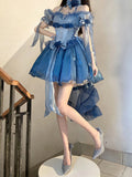 Vintage High Low Off The Shoulder Short Sleeves 16th Blue Birthday Dress Lolita Summer Dress Birthday Outfits HZ1214