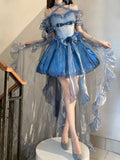 Vintage High Low Off The Shoulder Short Sleeves 16th Blue Birthday Dress Lolita Summer Dress Birthday Outfits HZ1214