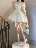 Vintage High Low Off The Shoulder Short Sleeves 18th White Birthday Dress Lolita Summer Dress Birthday Outfits HZ1214