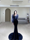 Elegant Mermaid Navy Blue V Neck Velvet Long Prom Dresses Party Dress Summer 20th Birthday Outfits 18th Birthday Dresses HZ1214