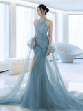 Elegant Mermaid High Neck Dusty Blue Long Prom Dresses Party Dress Summer 20th Birthday Outfits 18th Birthday Dresses HZ1214