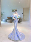 Elegant Mermaid Off The Shoulder Lilac Sequin Long Prom Dresses Party Dress Summer 20th Birthday Outfits 18th Birthday Dresses HZ1214