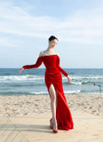 Elegant Mermaid Off The Shoulder Red Slit Long Prom Dresses Party Dress Summer 20th Birthday Outfits 18th Birthday Dresses HZ1214