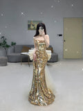 Elegant Mermaid Strapless Gold Sequin Long Prom Dresses Party Dress Summer 20th Birthday Outfits 18th Birthday Dresses HZ1214