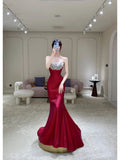 Elegant Mermaid Strapless Burgundy Satin Long Prom Dresses Party Dress Summer 20th Birthday Outfits 18th Birthday Dresses HZ1214