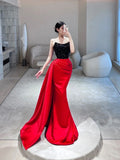 Elegant Mermaid Strapless Red Satin Long Prom Dresses Party Dress Summer 20th Birthday Outfits 18th Birthday Dresses HZ1214