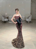 Elegant Mermaid Strapless Sequin Long Prom Dresses Party Dress Summer 20th Birthday Outfits 18th Birthday Dresses HZ1214