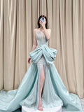 Elegant Mermaid Sequin Light Sky Blue Long Prom Dresses Party Dress Summer 20th Birthday Outfits 18th Birthday Dresses HZ1214