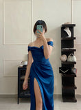 Elegant Mermaid Off The Shoulder Royal Blue Slit Long Prom Dresses Party Dress Summer 20th Birthday Outfits 18th Birthday Dresses HZ1214