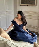 Elegant A line Off The Shoulder Navy Blue Satin Short Sleeves Long Evening Party Gowns Evening Formal Dresses Prom Dress HZ1214