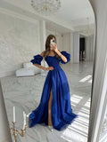Classy A line Sweetheart Royal Blue Slit Sequin Long Formal Prom Gown Summer Wedding Guest Dress Bridal Guest Dresses Wedding Outfits For Guest HZ1214