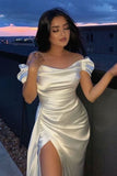 Classy Sheath Off The Shoulder White Slit Formal Long Prom Gown Summer Wedding Guest Dress Bridal Guest Dresses Wedding Outfits For Guest HZ1214