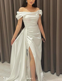 Classy Sheath Off The Shoulder White Slit Formal Long Prom Gown Summer Wedding Guest Dress Bridal Guest Dresses Wedding Outfits For Guest HZ1214