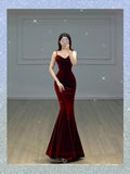 Fancy Mermaid Spaghetti Straps Velvet Burgundy Formal Prom Gown Summer Wedding Guest Dress Bridal Guest Dresses Wedding Outfits For Guest HZ1214