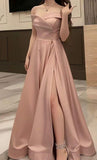 Classy A line Off The Shoulder Blush Pink Slit Formal Long Prom Gown Summer Wedding Guest Dress Bridal Guest Dresses Wedding Outfits For Guest HZ1214