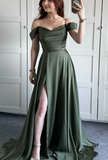 Classy A line Off The Shoulder Olive Green Slit Formal Long Prom Gown Summer Wedding Guest Dress Bridal Guest Dresses Wedding Outfits For Guest HZ1214
