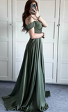 Classy A line Off The Shoulder Olive Green Slit Formal Long Prom Gown Summer Wedding Guest Dress Bridal Guest Dresses Wedding Outfits For Guest HZ1214