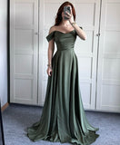 Classy A line Off The Shoulder Olive Green Slit Formal Long Prom Gown Summer Wedding Guest Dress Bridal Guest Dresses Wedding Outfits For Guest HZ1214