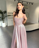 Classy A line Spaghetti Straps Pink Sequin Slit Formal Long Prom Gown Summer Wedding Guest Dress Bridal Guest Dresses Wedding Outfits For Guest HZ1214