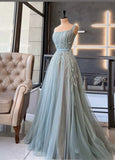 Classy A Line Square Neck Sleeveless Light Sky Blue Tulle Formal Long Prom Gown Summer Wedding Guest Dress Bridal Guest Dresses Wedding Outfits For Guest HZ1214