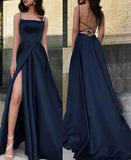 Classy A Line Spaghetti Straps Navy Blue Slit Formal Prom Gown Summer Wedding Guest Dress Bridal Guest Dresses Wedding Outfits For Guest HZ1214