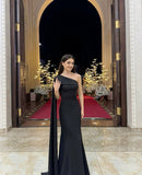 Classy Mermaid One Shoulder Black Satin Formal Prom Gown Summer Wedding Guest Dress Bridal Guest Dresses Wedding Outfits For Guest HZ1214