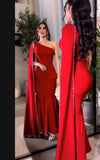 Classy Mermaid One Shoulder Red Satin Formal Prom Gown Summer Wedding Guest Dress Bridal Guest Dresses Wedding Outfits For Guest HZ1214