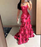Classy Mermaid Strapless Pink Flowers Satin Formal Long Prom Gown Summer Wedding Guest Dress Bridal Guest Dresses Wedding Outfits For Guest HZ1214