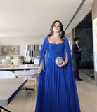Classy A Line Sweetheart Royal Blue Long Sleeves Chiffon Formal Long Prom Gown Summer Wedding Guest Dress Bridal Guest Dresses Wedding Outfits For Guest HZ1214