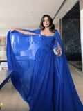 Classy A Line Sweetheart Royal Blue Long Sleeves Chiffon Formal Long Prom Gown Summer Wedding Guest Dress Bridal Guest Dresses Wedding Outfits For Guest HZ1214