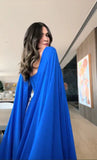 Classy A Line Sweetheart Royal Blue Long Sleeves Chiffon Formal Long Prom Gown Summer Wedding Guest Dress Bridal Guest Dresses Wedding Outfits For Guest HZ1214