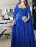 Classy A Line Sweetheart Royal Blue Long Sleeves Chiffon Formal Long Prom Gown Summer Wedding Guest Dress Bridal Guest Dresses Wedding Outfits For Guest HZ1214