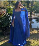 Classy A Line Sweetheart Royal Blue Long Sleeves Chiffon Formal Long Prom Gown Summer Wedding Guest Dress Bridal Guest Dresses Wedding Outfits For Guest HZ1214