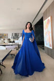 Classy A Line Sweetheart Royal Blue Long Sleeves Chiffon Formal Long Prom Gown Summer Wedding Guest Dress Bridal Guest Dresses Wedding Outfits For Guest HZ1214