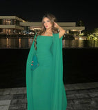 Classy A Line Strapless Green Long Sleeves Chiffon Formal Long Prom Gown Summer Wedding Guest Dress Bridal Guest Dresses Wedding Outfits For Guest HZ1214