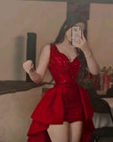 Cute Sheath V Neck Short Red Sequin Formal 8th Grade Homecoming Dress Summer Middle School Hoco Dresses Birthday Outfits HZ1214