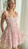 Cute A line Straps Short Lace Pink Formal 8th Grade Homecoming Dress Summer Middle School Hoco Dresses Birthday Outfits HZ1214