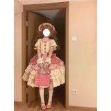 Sweet Ball Gown Square Neck Short Sleeves Gothic Pink Lace 16th Birthday Dress Lolita Dress Birthday Outfits HZ1214