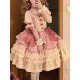 Sweet Ball Gown Square Neck Short Sleeves Gothic Pink Lace 16th Birthday Dress Lolita Dress Birthday Outfits HZ1214